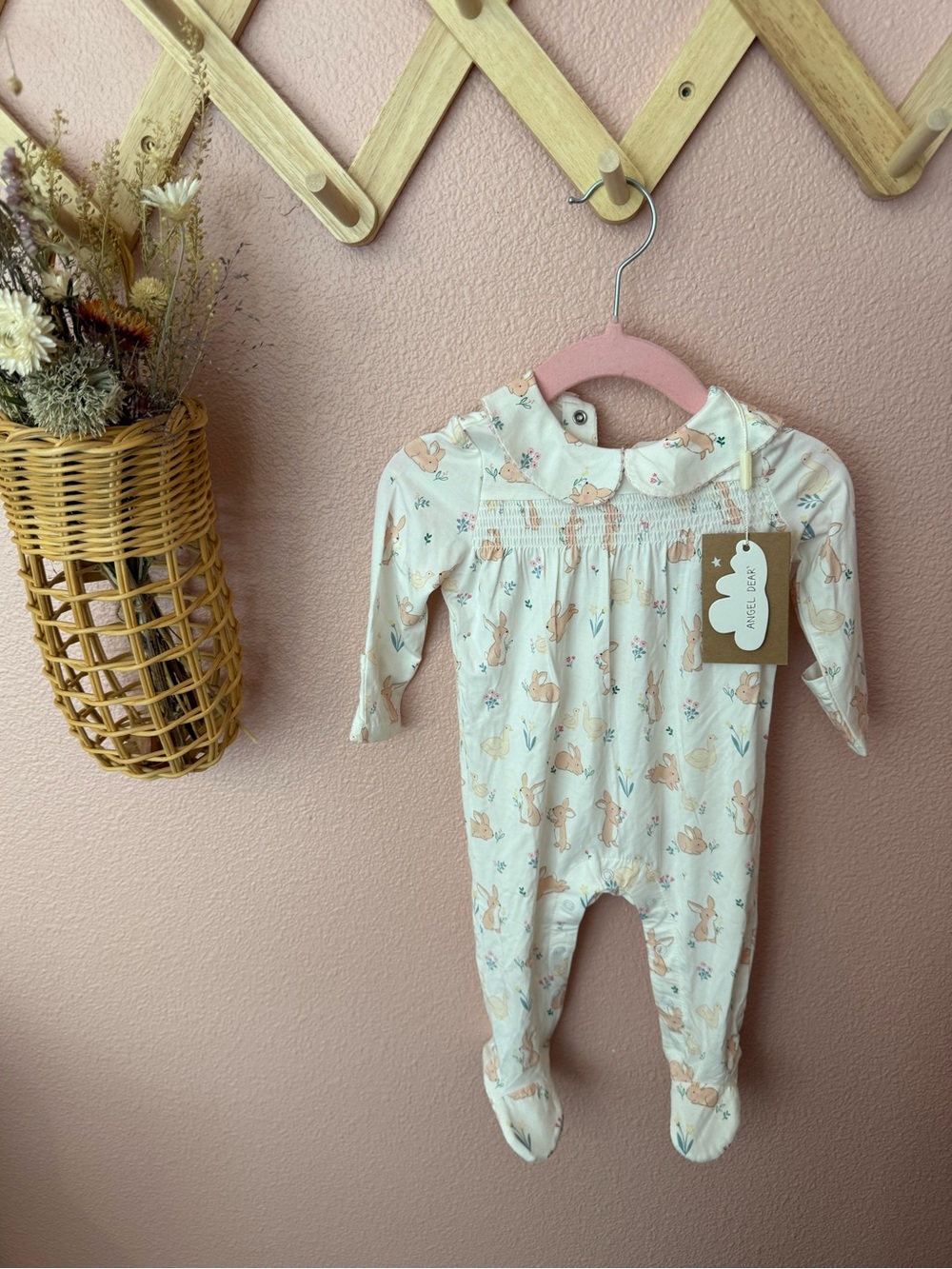NWT Angel Dear Smocked Bunny Print Footed One-Piece
